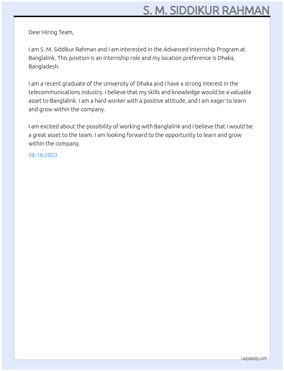 Advanced Internship Program At Banglalink Cover Letter