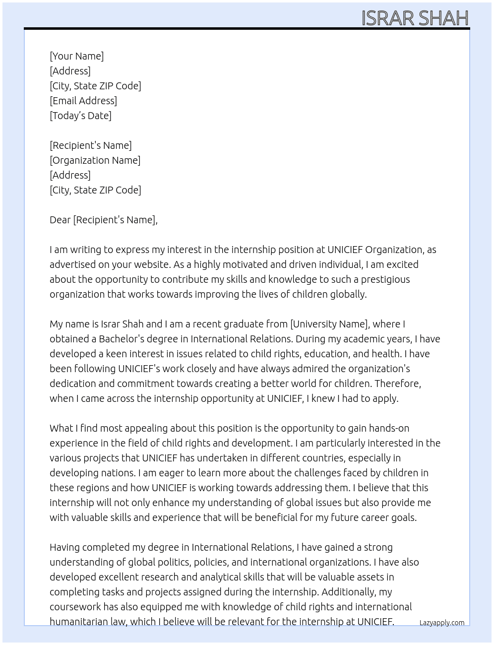 Internship  At UNICIEF Cover Letter