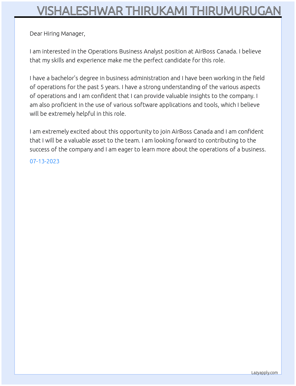 Operations Business Analyst At AirBoss Canada Cover Letter