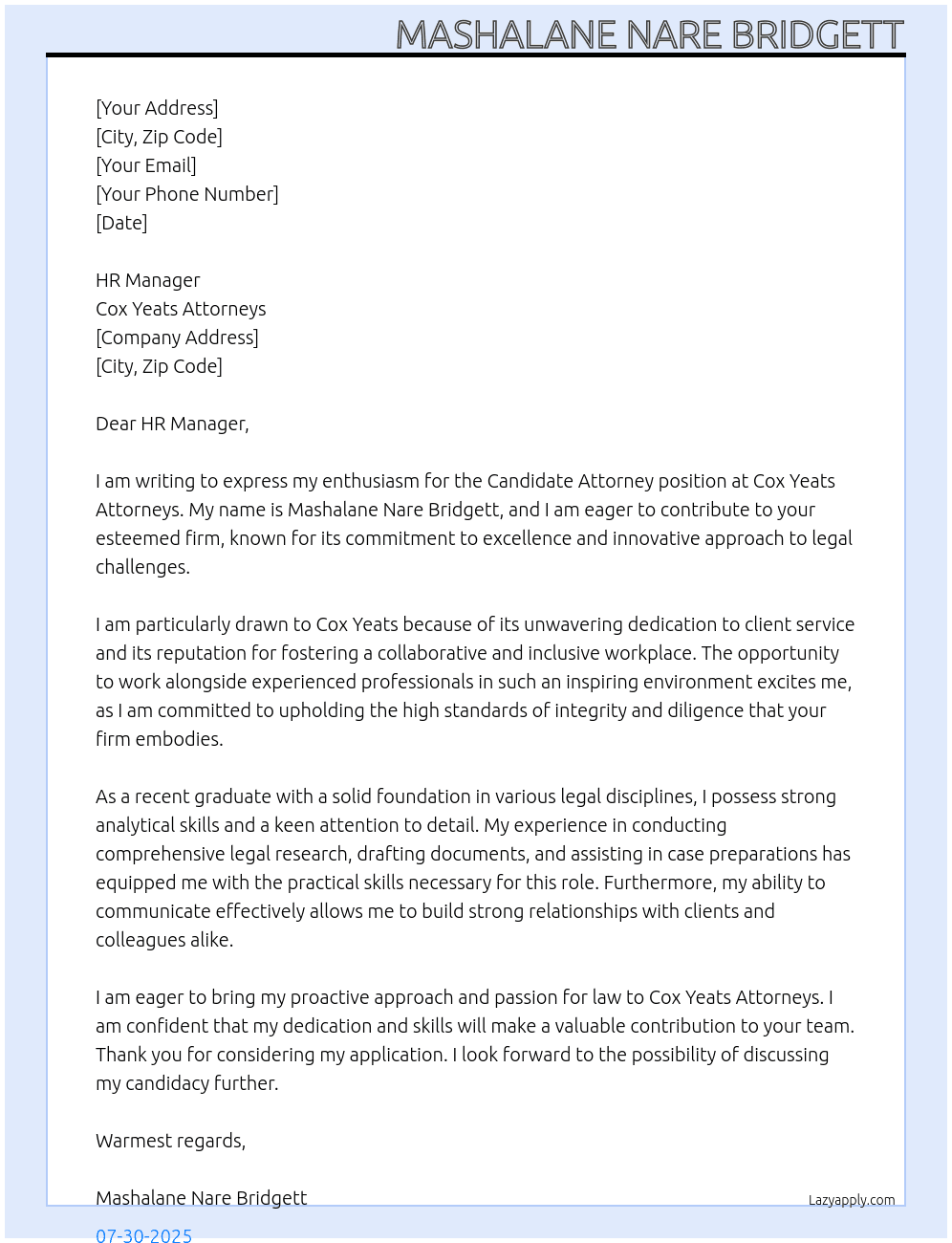 Candidate attorney  At Cox Yeats attorneys Cover Letter