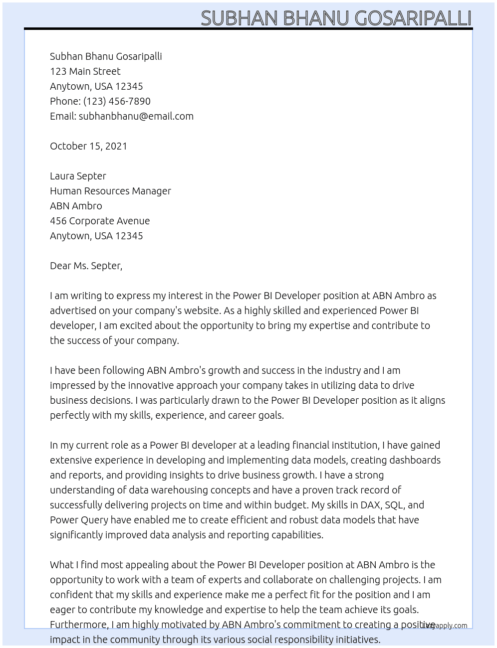 Power BI developer At ABN ambro Cover Letter