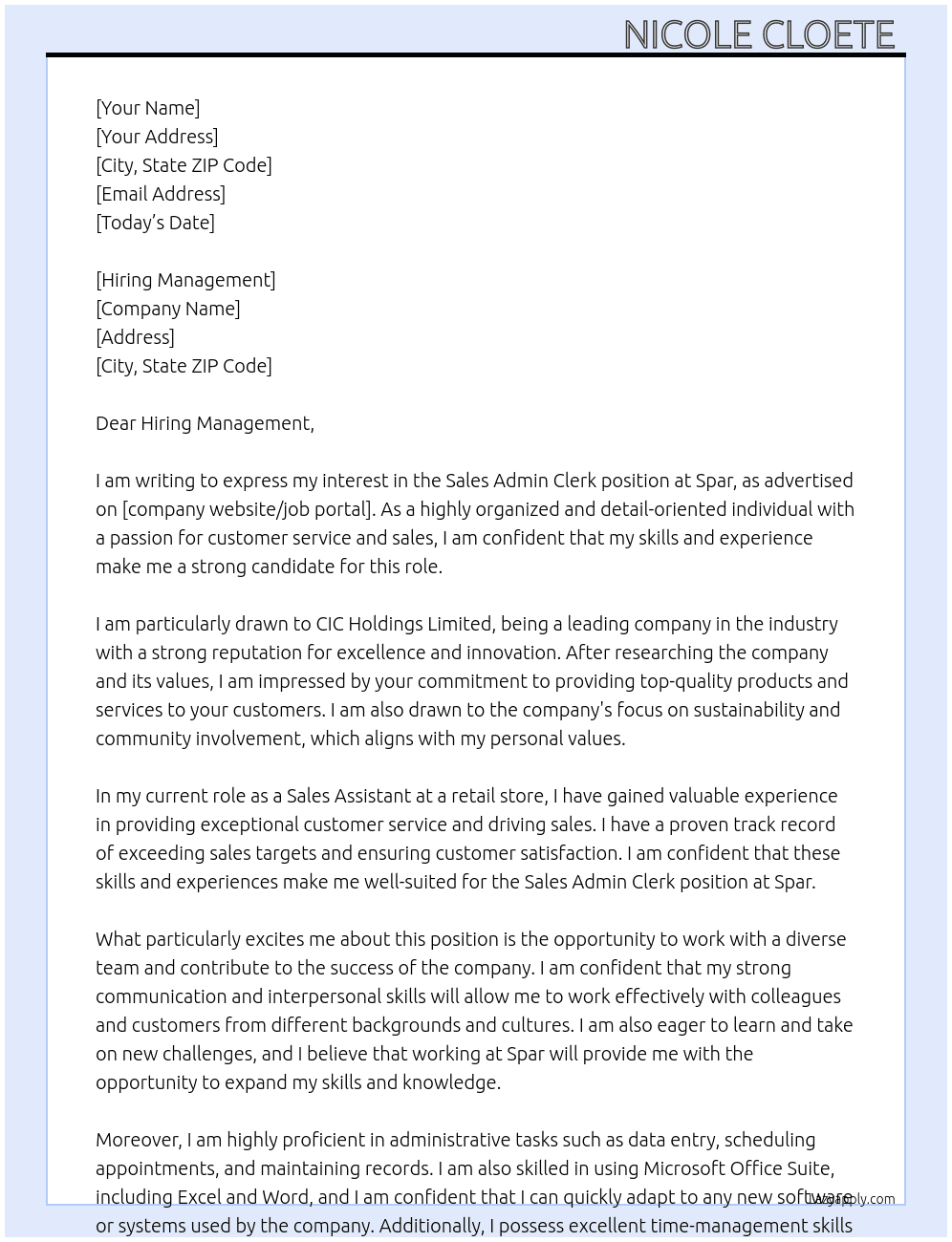 Cover letter for sales admin clerk: spar - LazyApply