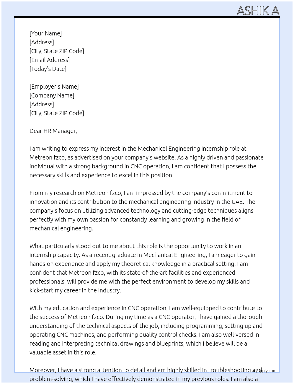 Mechanical engineering  At Metreon fzco Cover Letter