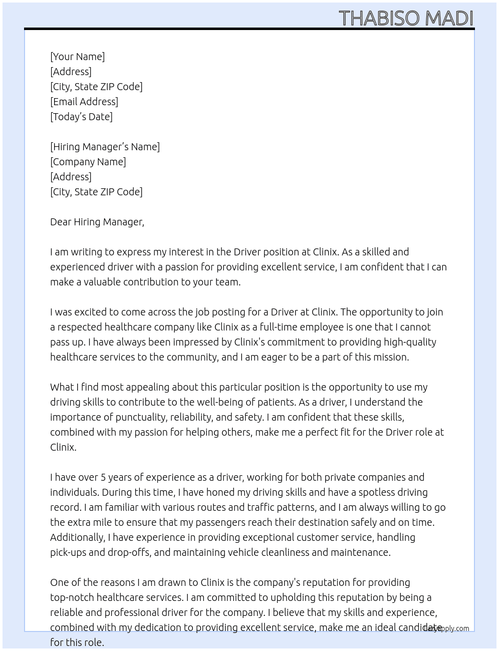 Driver At Clinix Cover Letter