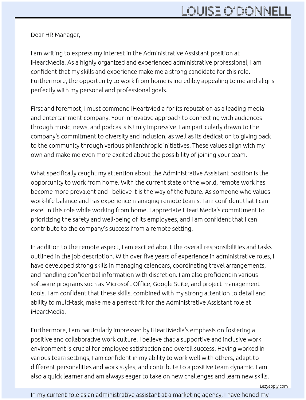 Administrative assistant work from home At iHeartMedia Cover Letter