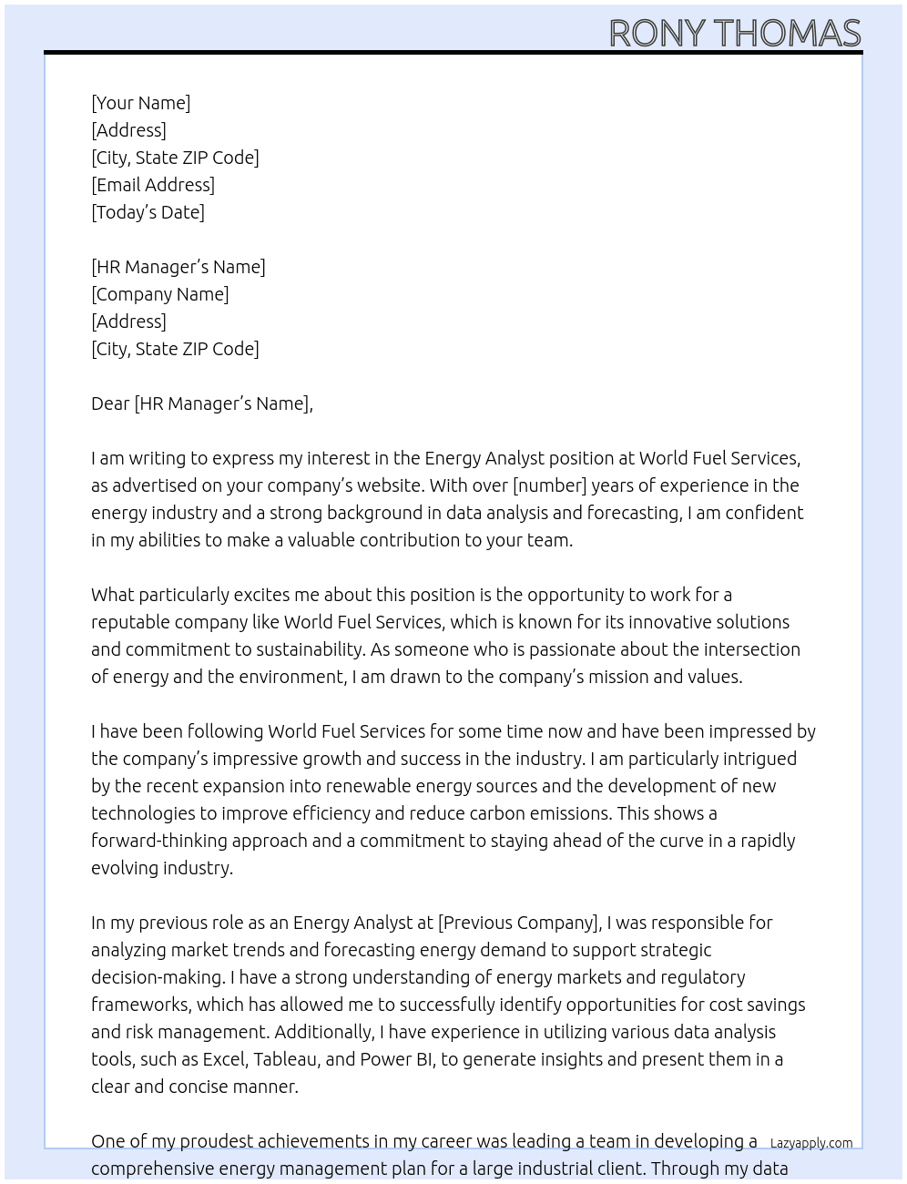 Energy Analyst At World Fuel Services Cover Letter