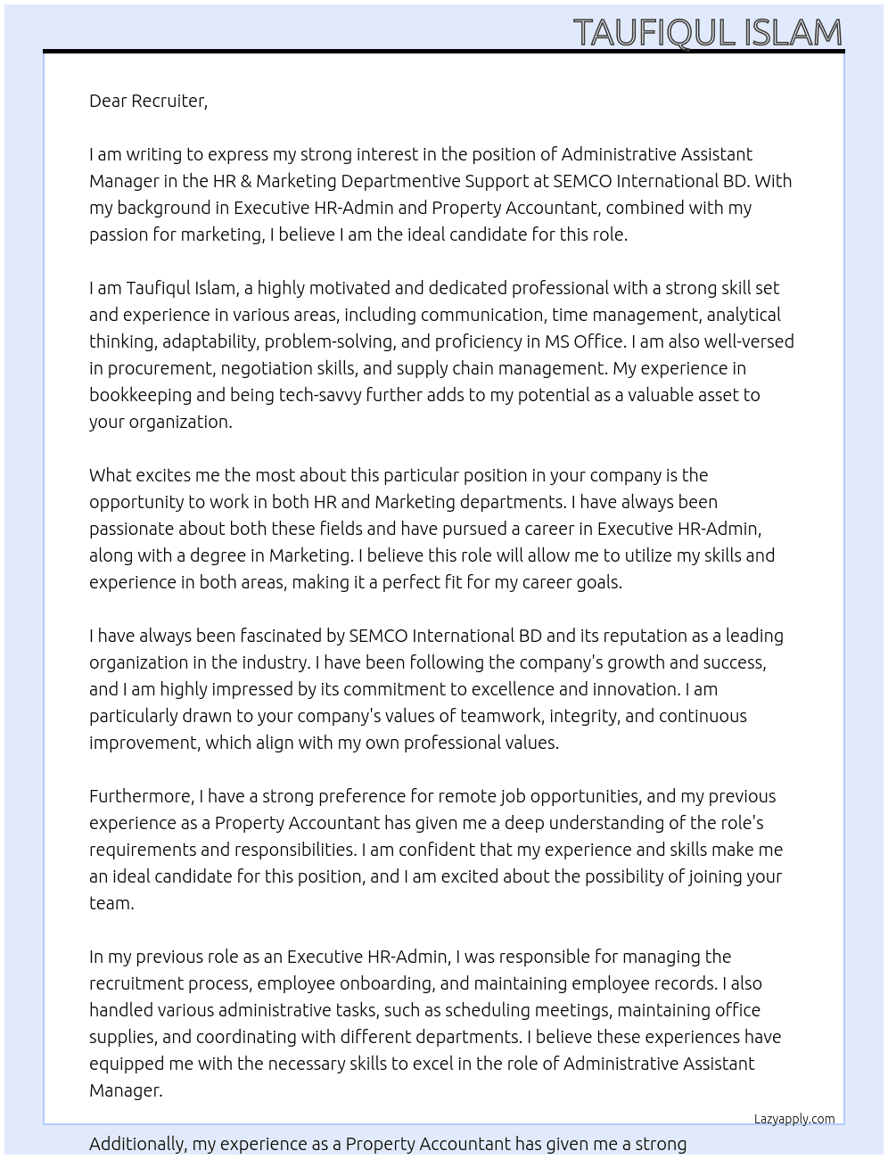 AdministratAsst. Manager – HR & Marketing Departmentive Support At SEMCO International BD Cover Letter