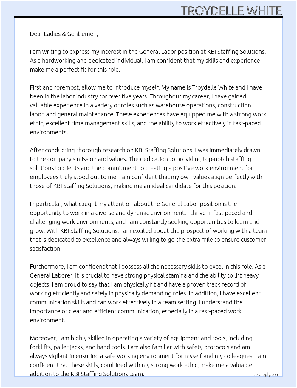 General Labor At KBI Staffing Solutions Miami Beach, FL 33139 KBI Staffing Solutions Cover Letter