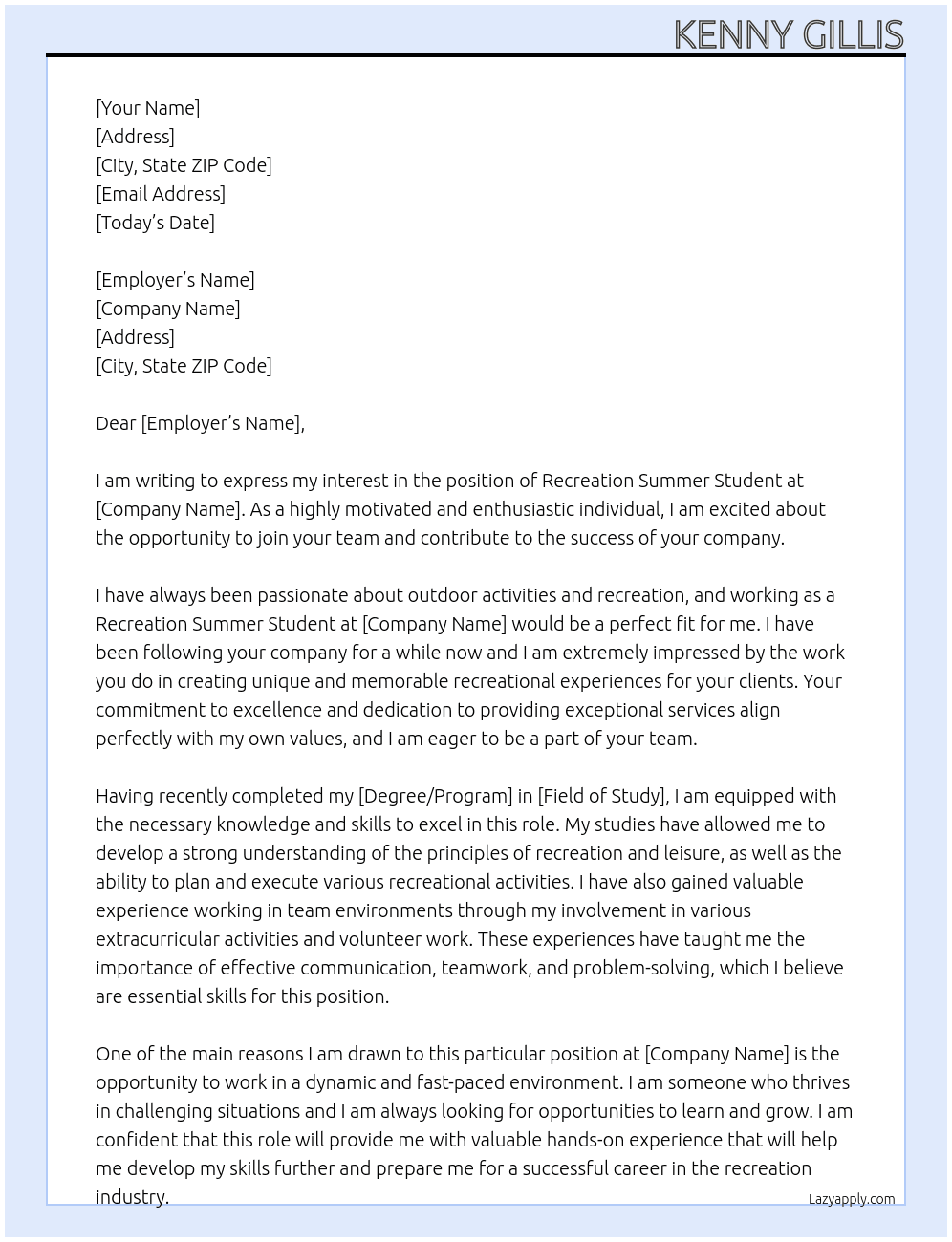 Recreation Summer Student At INV. CO. Cover Letter
