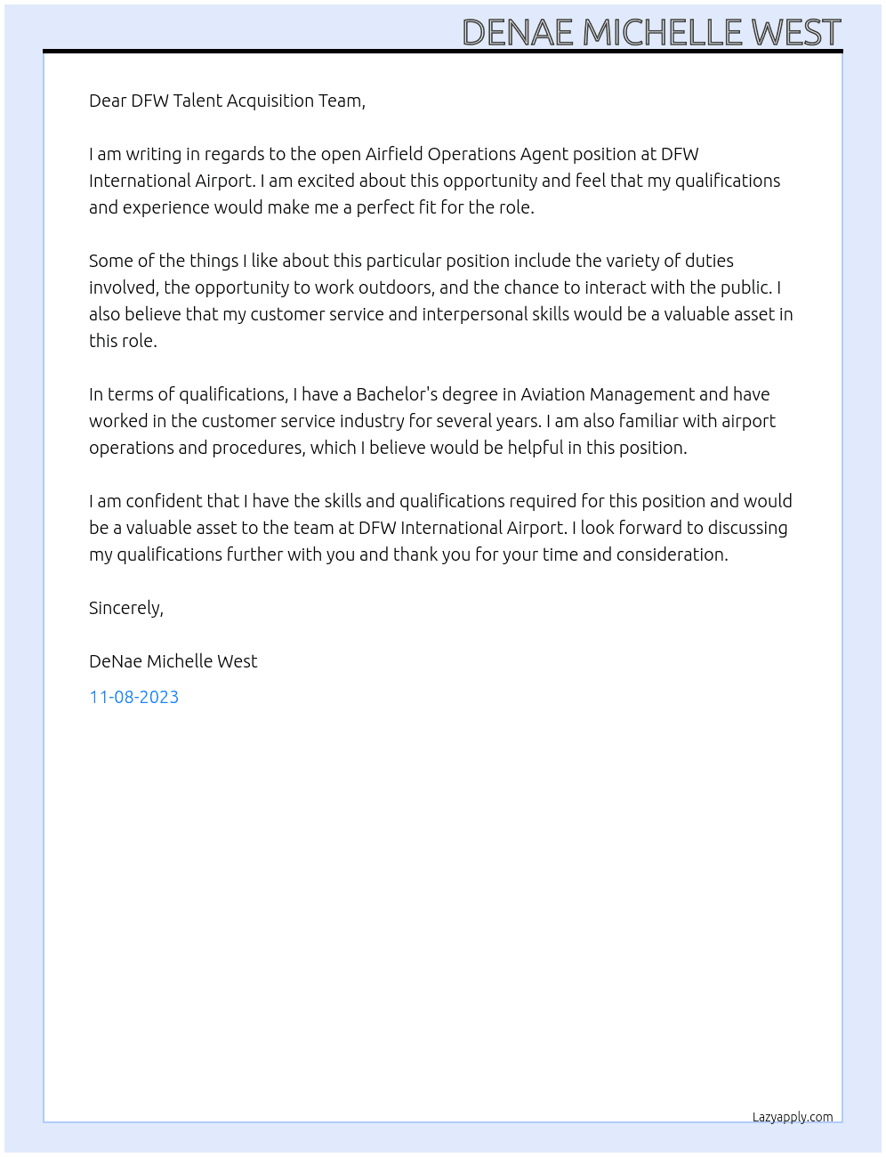 Airfield Operations Agent At DFW International Airport Cover Letter