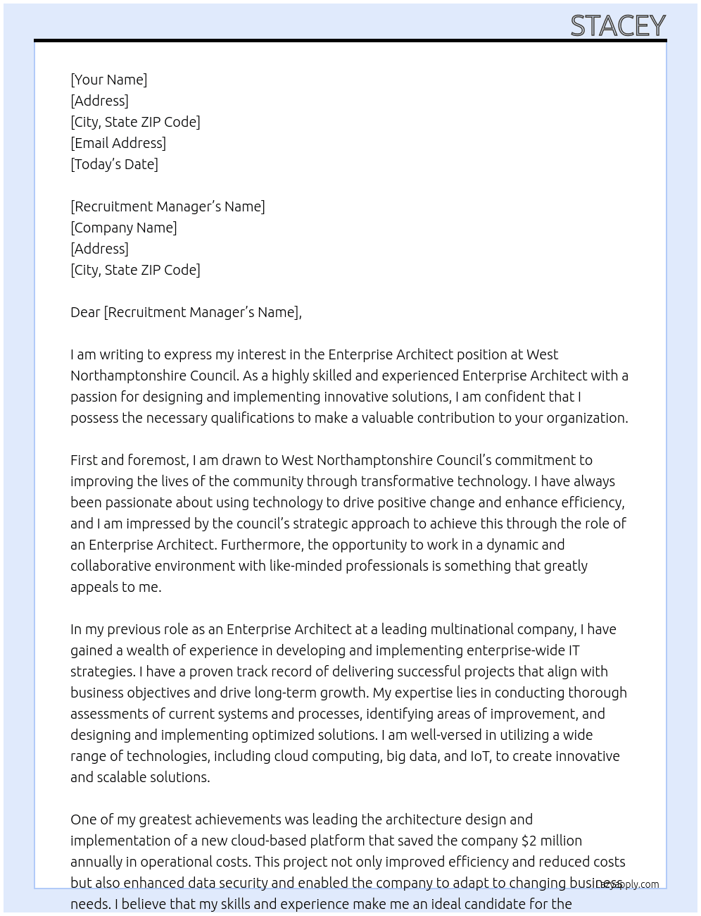Enterprise Architect At West Northamptonshire Council Cover Letter