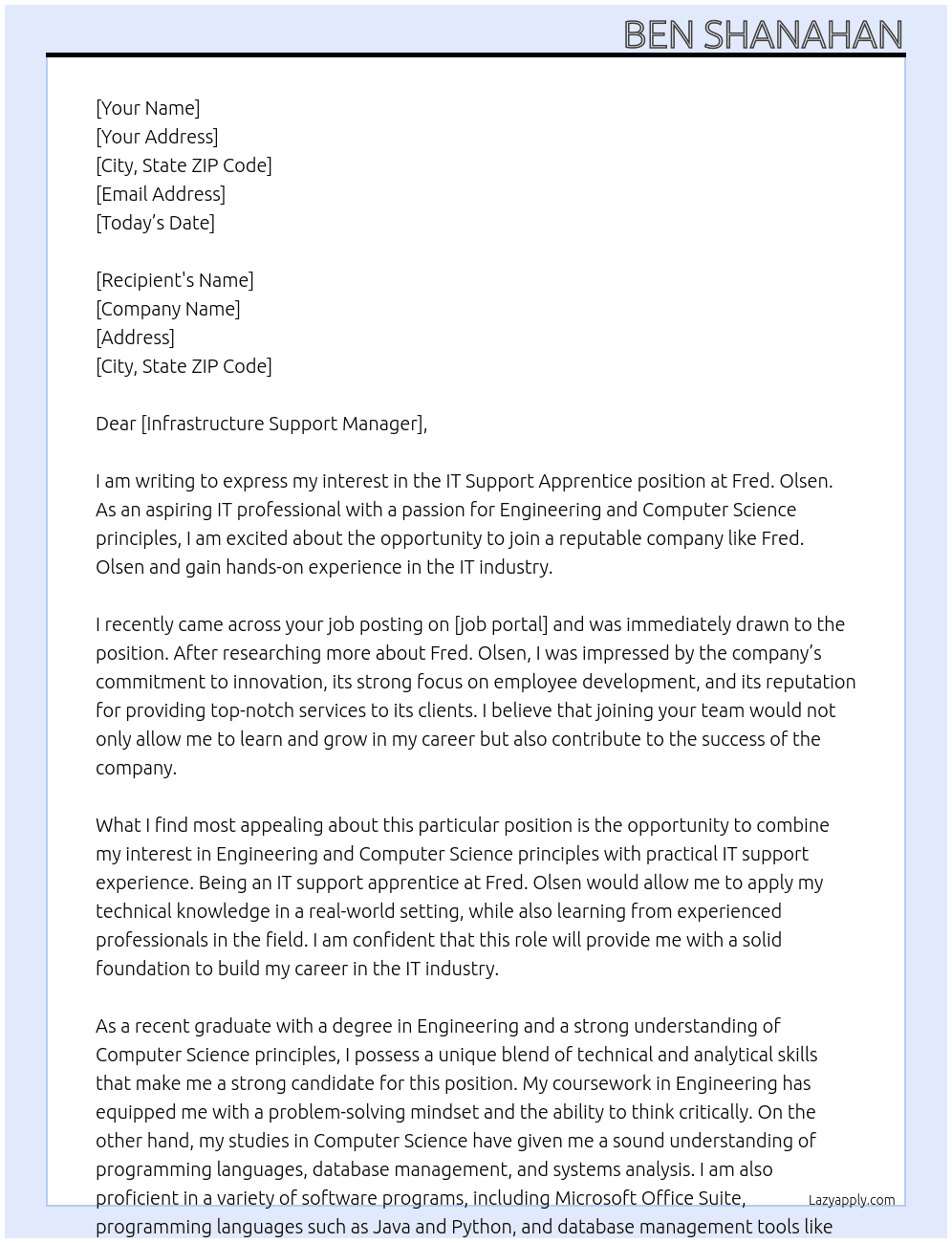 IT Support Apprentice At Fred. Olsen Cover Letter