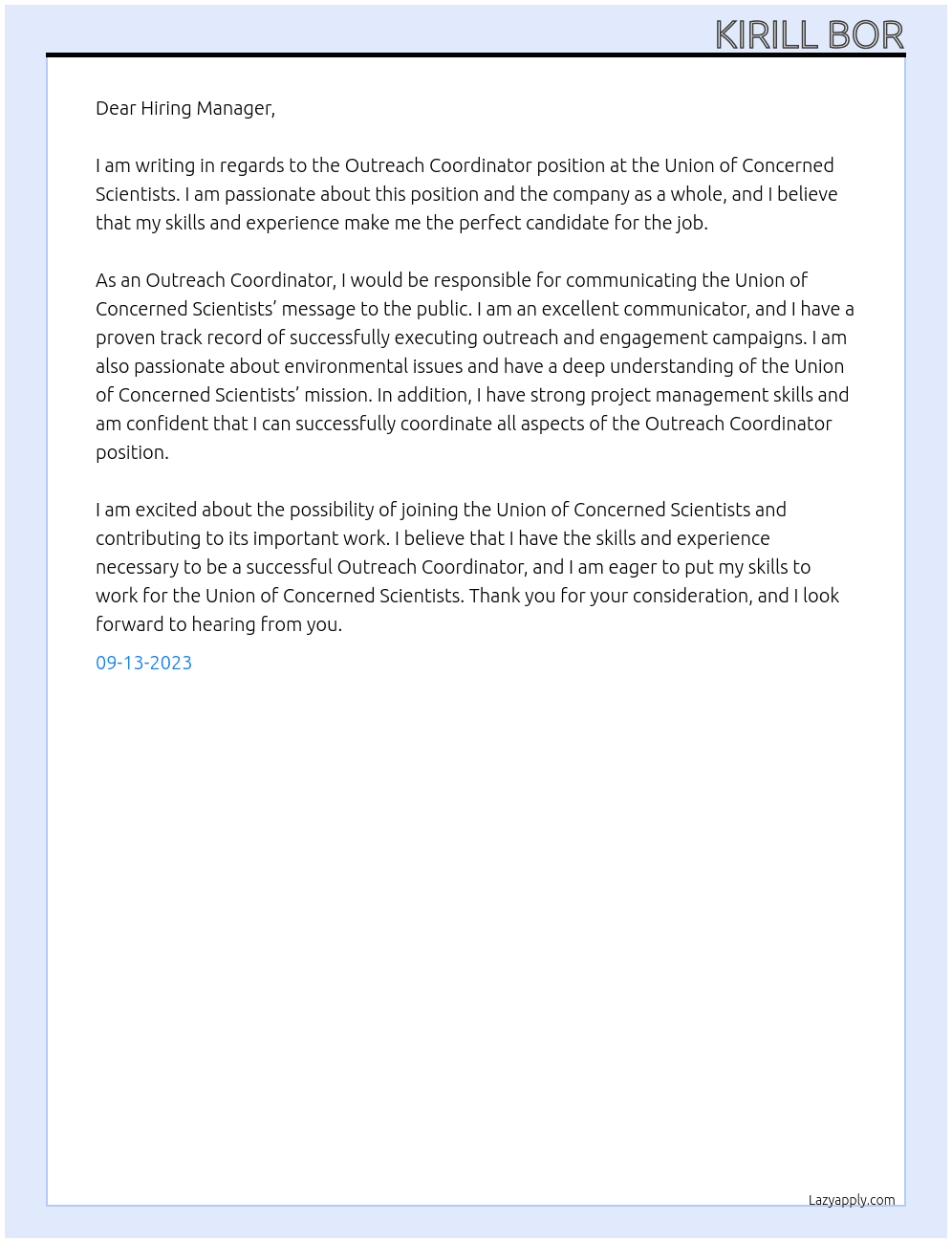 Outreach Coordinator At Union of Concerned Scientists Cover Letter
