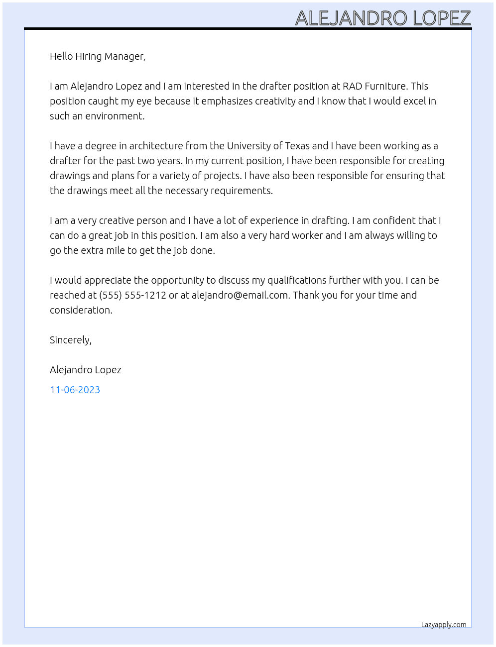 Drafter At RAD Furniture Cover Letter