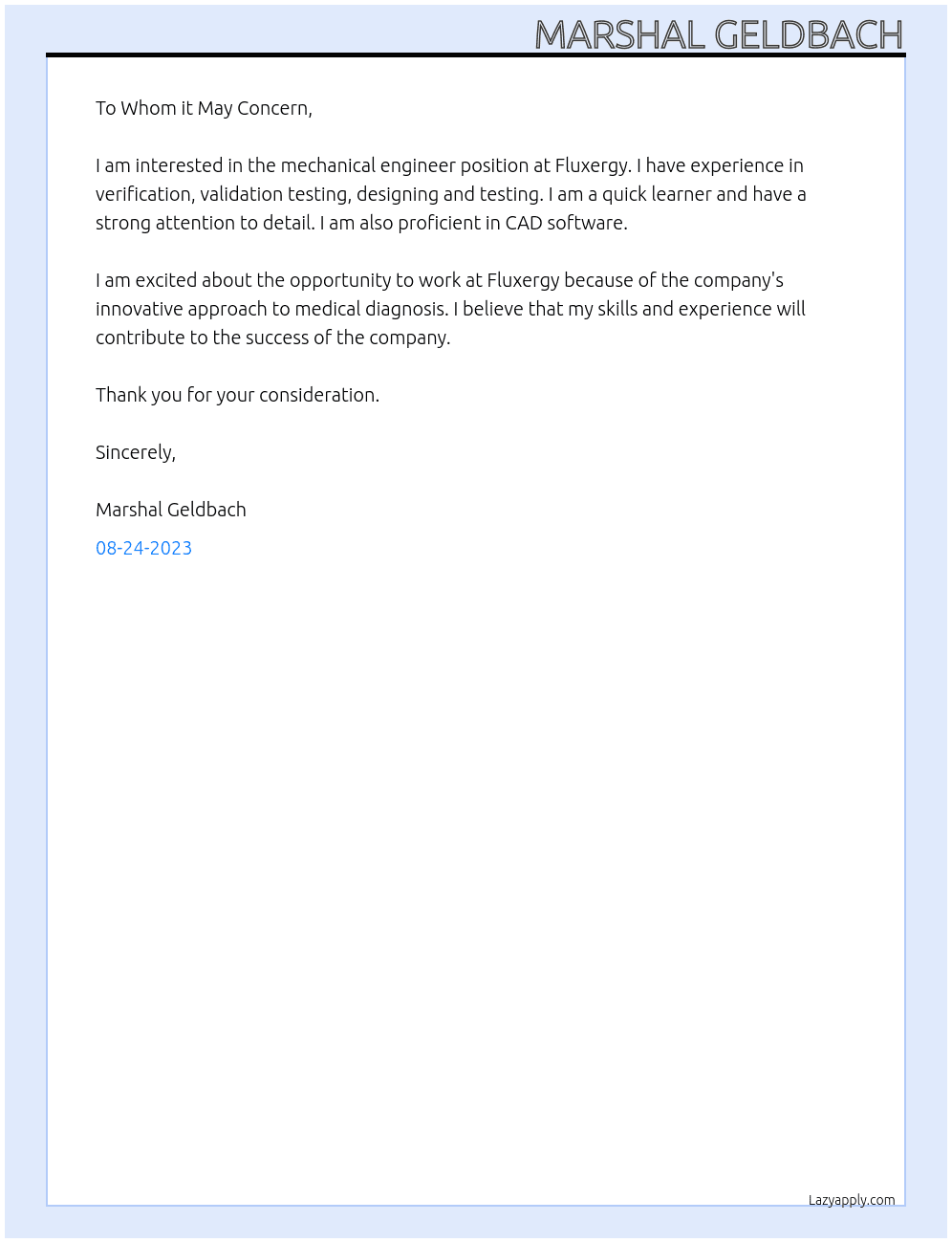 Mechanical Engineer At Fluxergy Cover Letter