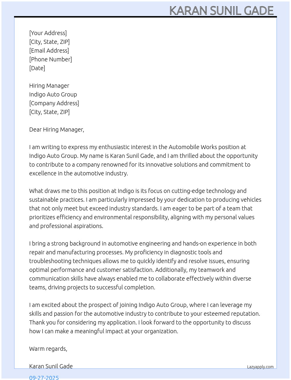 Cover letter for automobile works - LazyApply
