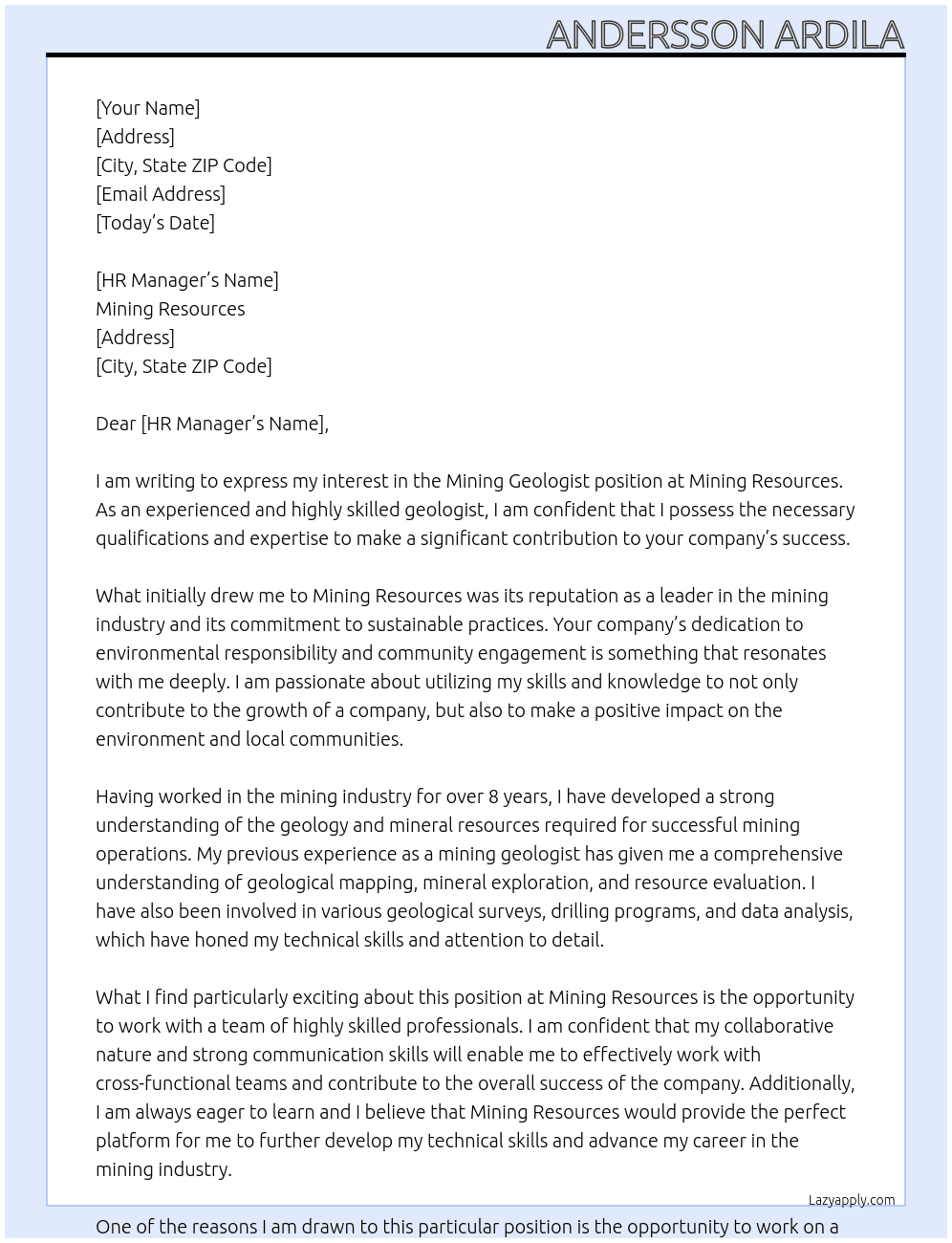 Mining Geologist At Mining Resources Cover Letter