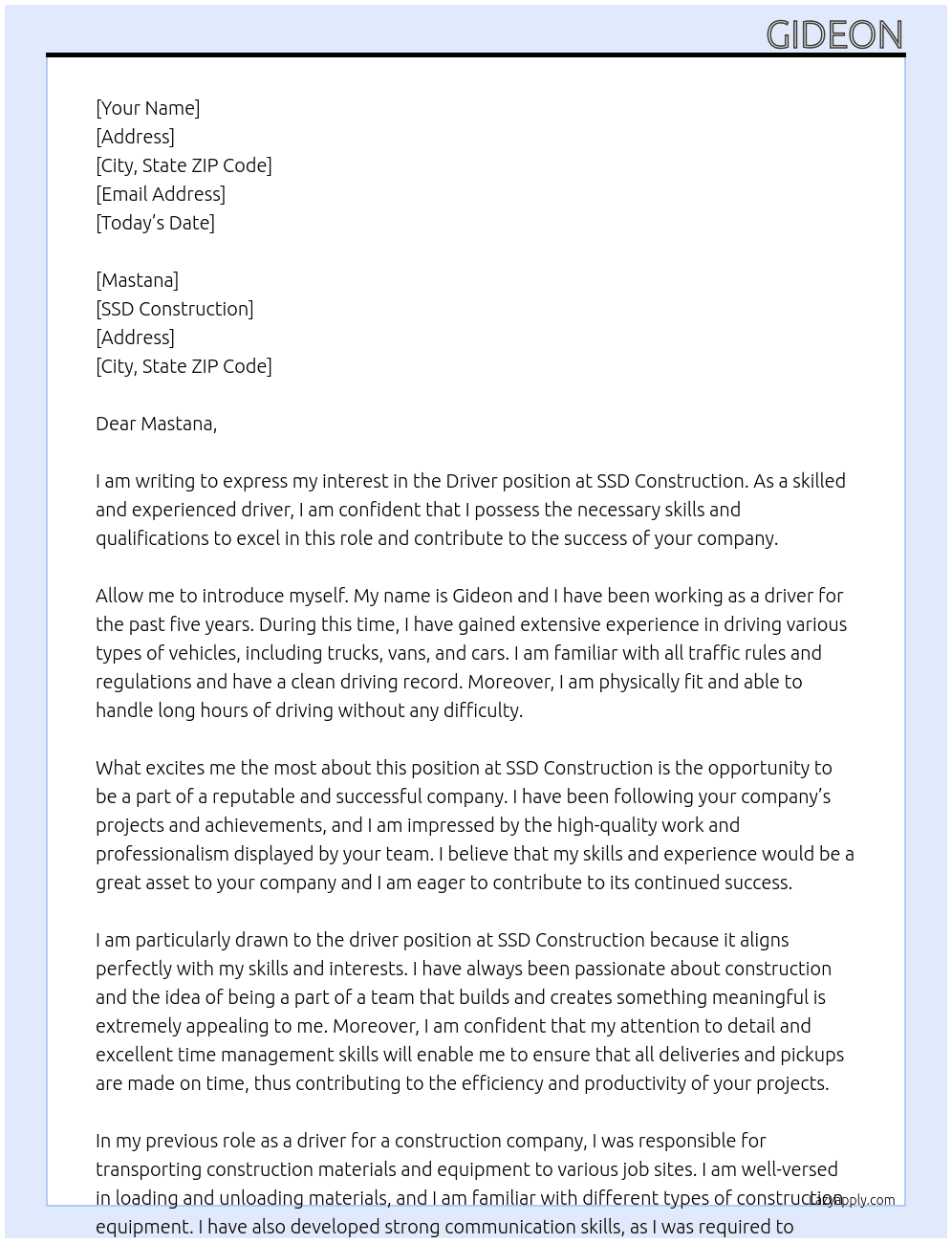 driver At ssd construction Cover Letter