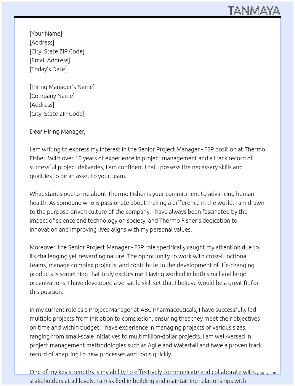 Sr Project Mgr - FSP At Thermo Fisher  Cover Letter