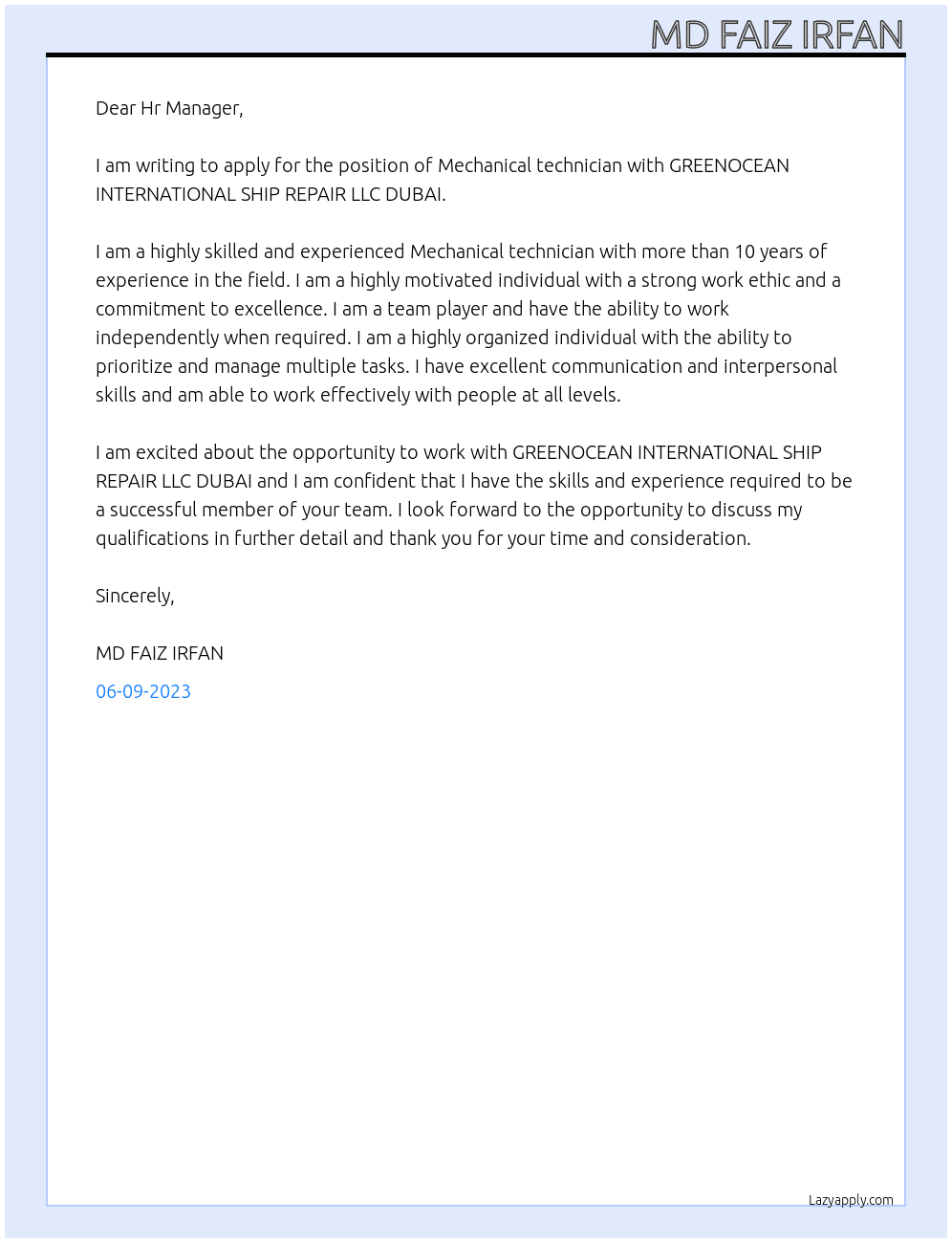 Mechanical technician  At GREENOCEAN INTERNATIONAL SHIP REPAIR LLC DUBAI. Cover Letter