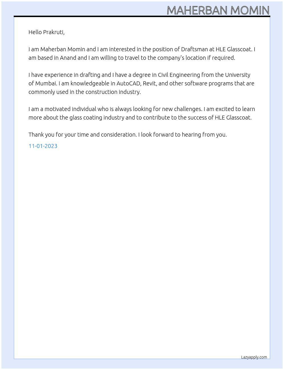 Draftsman At HLE Glasscoat Cover Letter