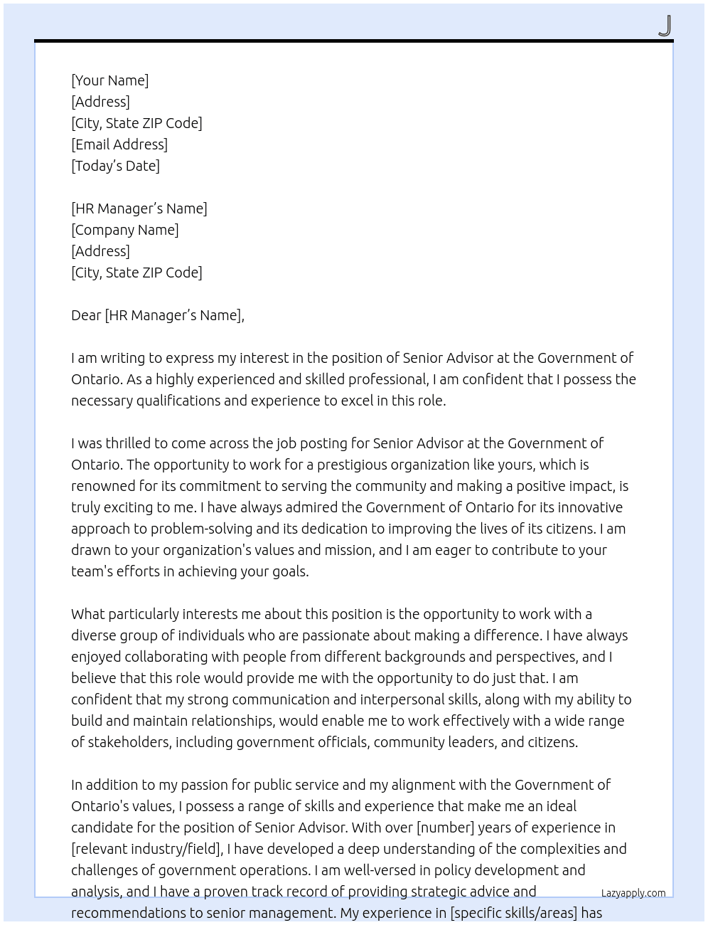 Senior advisor  At Government of Ontario  Cover Letter