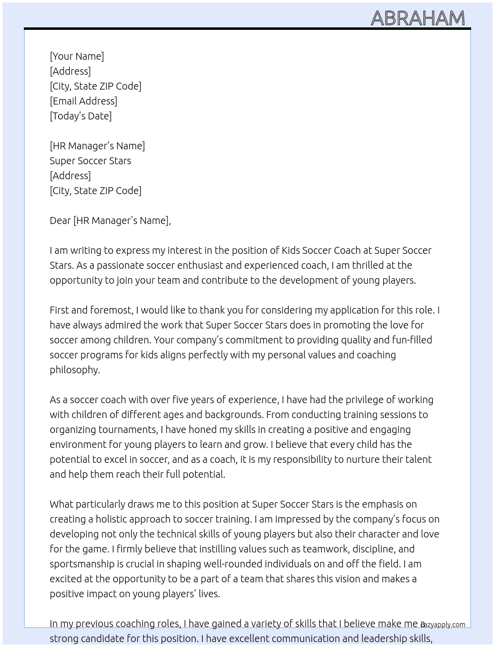 Kids soccer coach At Super soccer stars Cover Letter