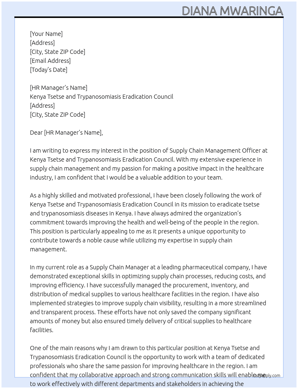 Supply Chain Management Officer At Kenya Tsetse and Trypanosomiasis Eradication Council Cover Letter