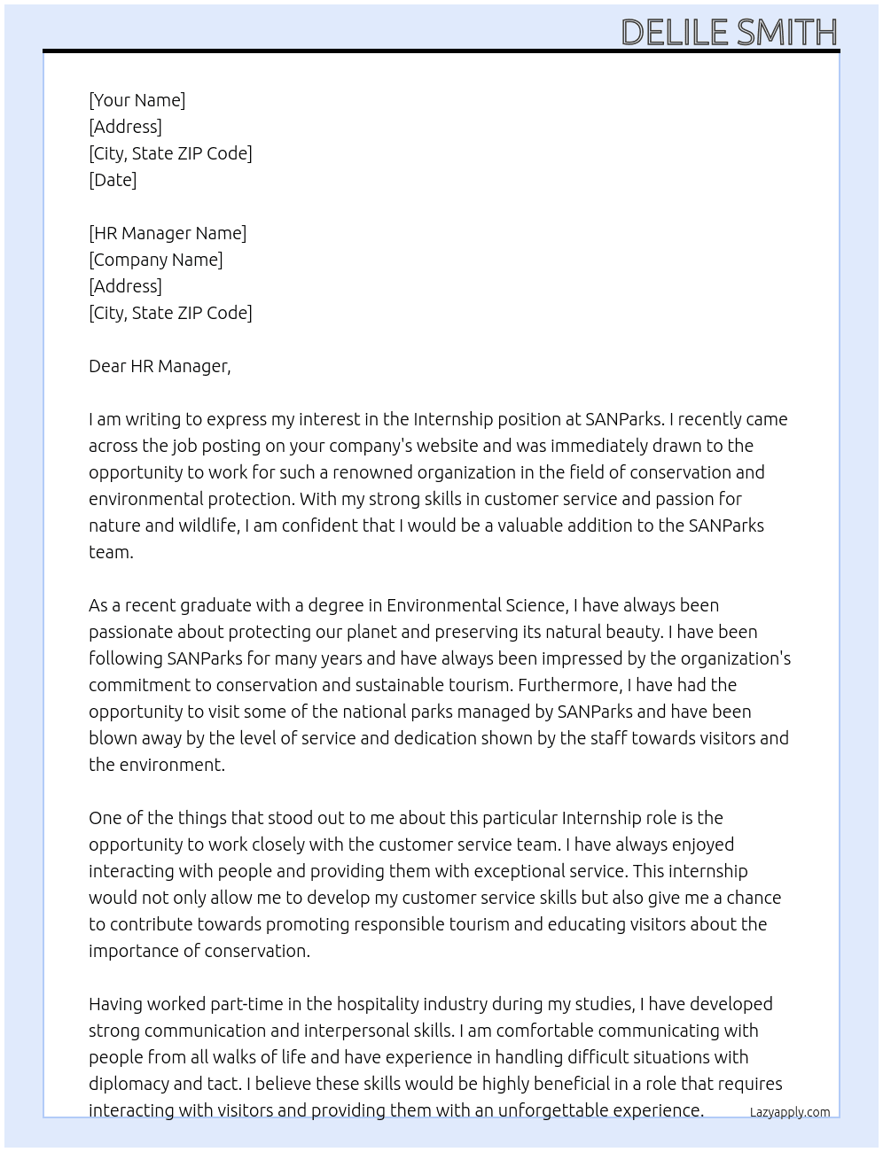 Internship At SANParks Cover Letter