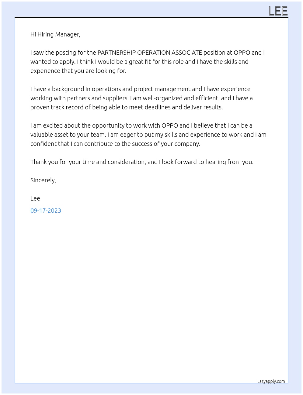 PARTNERSHIP OPERATION ASSOCIATE  At OPPO Cover Letter