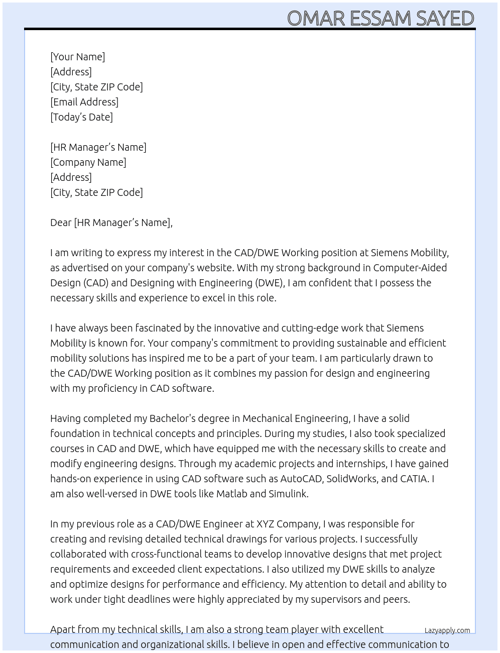 CAD/DWE Working At Siemens Mobility Cover Letter