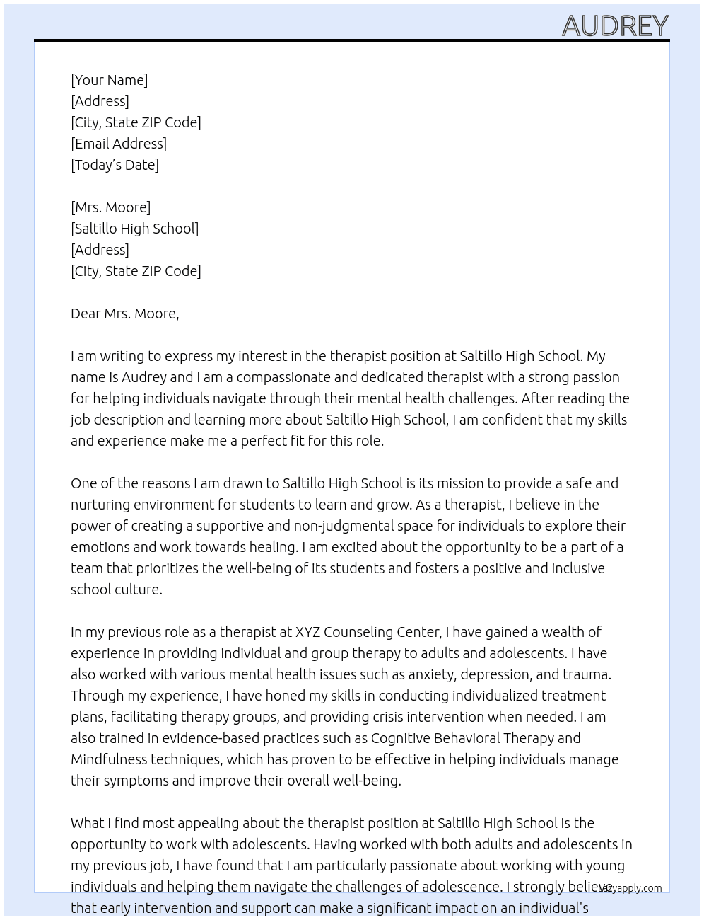 therapist At Saltillo High School Cover Letter