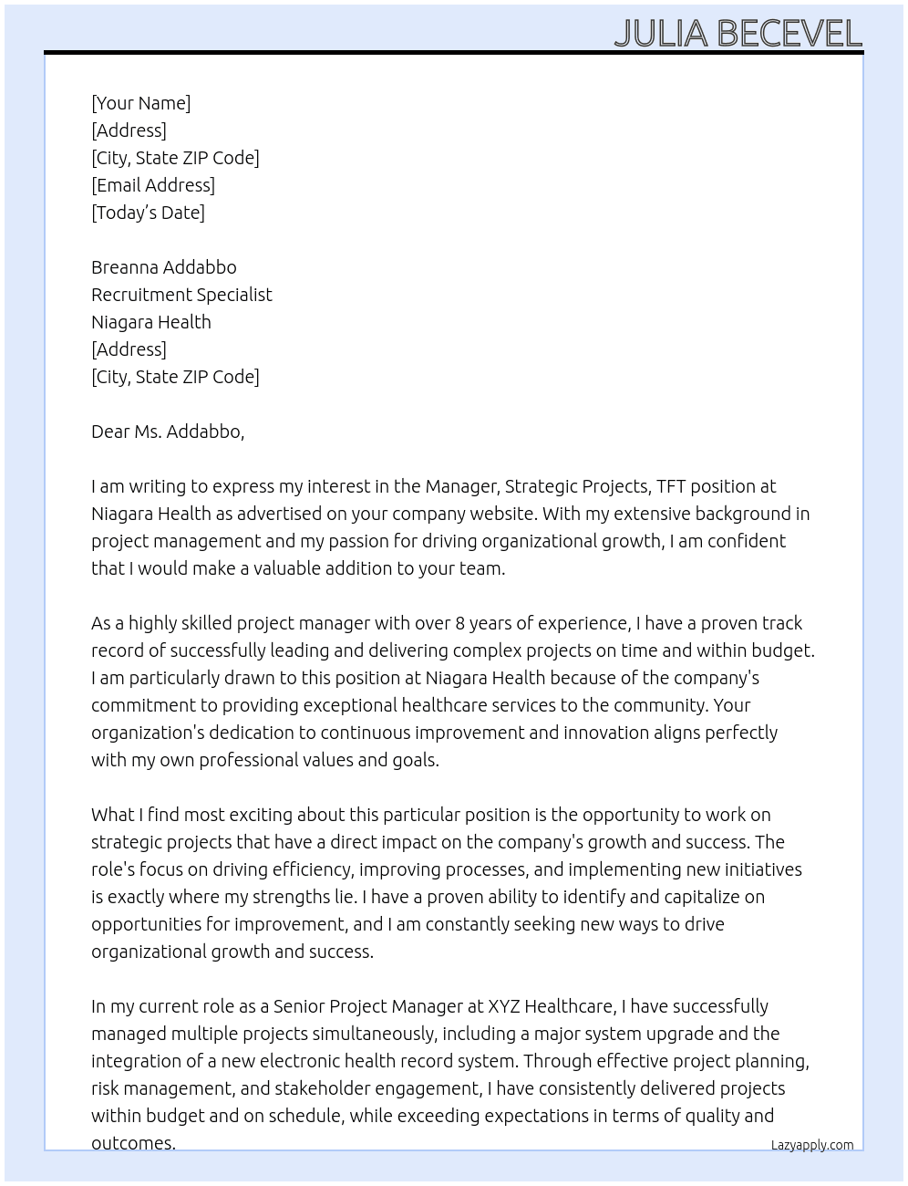 MANAGER, STRATEGIC PROJECTS, TFT At Niagara Health Cover Letter