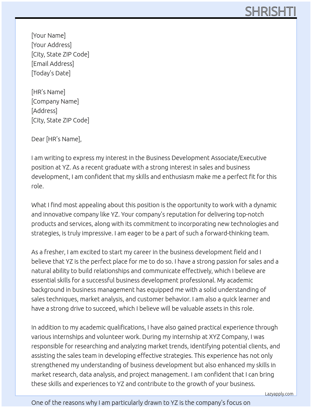 Business Development Associate/Executive At  YZ Cover Letter