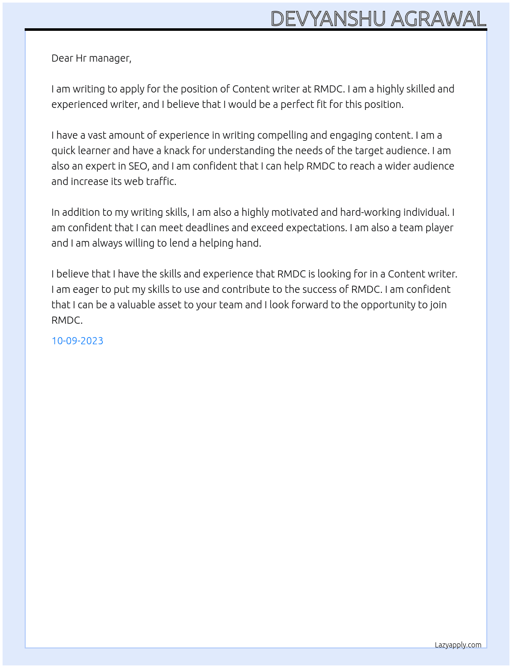 Content writer At RMDC Cover Letter