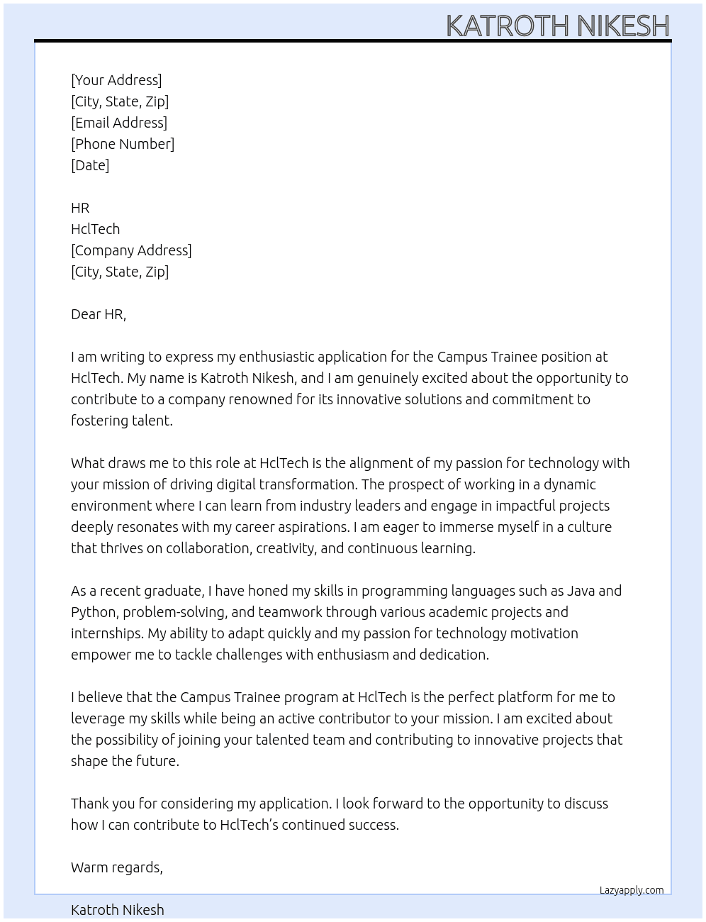 Campus Trainee At HclTech Cover Letter