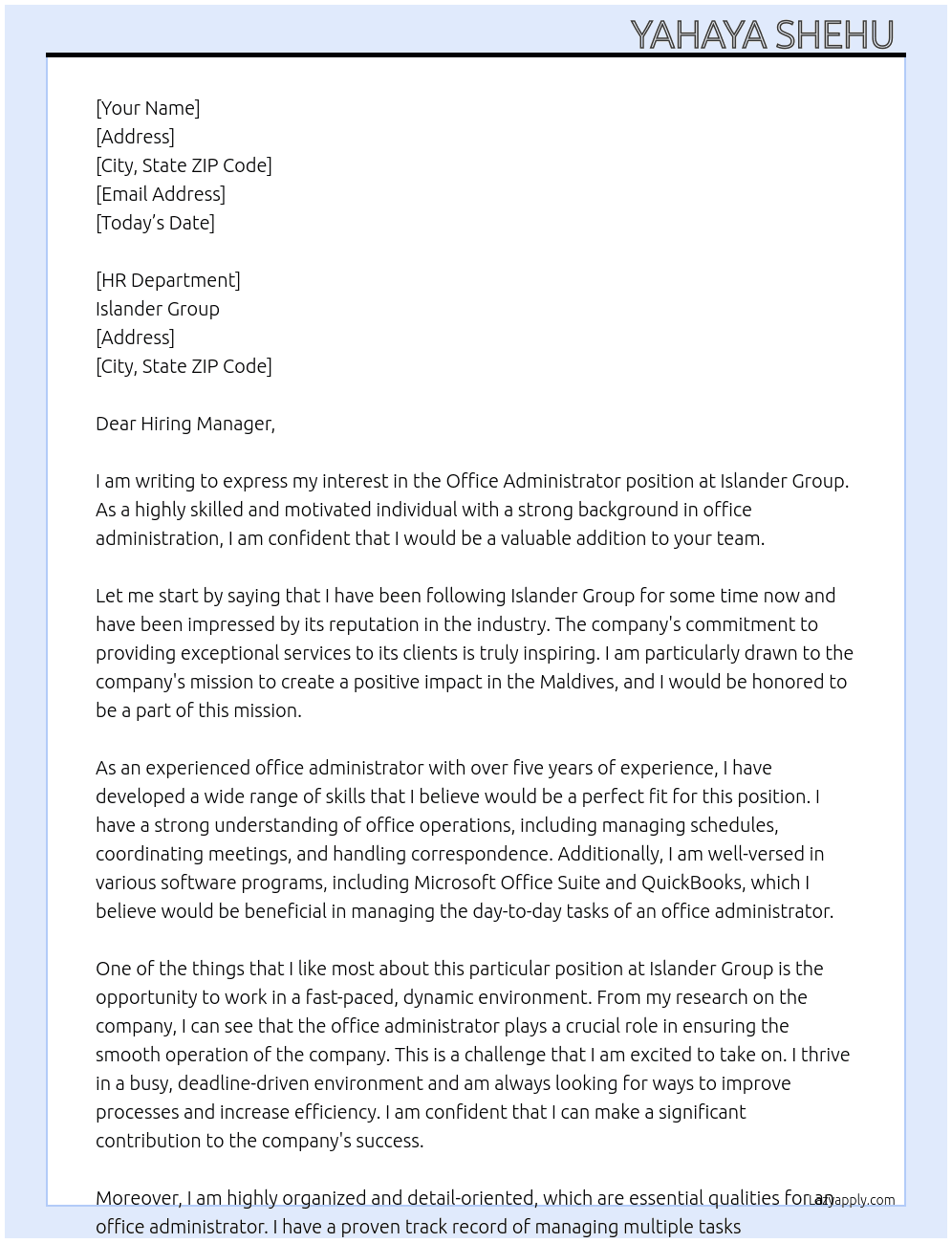 Office Administrator  At Islander Group  Cover Letter