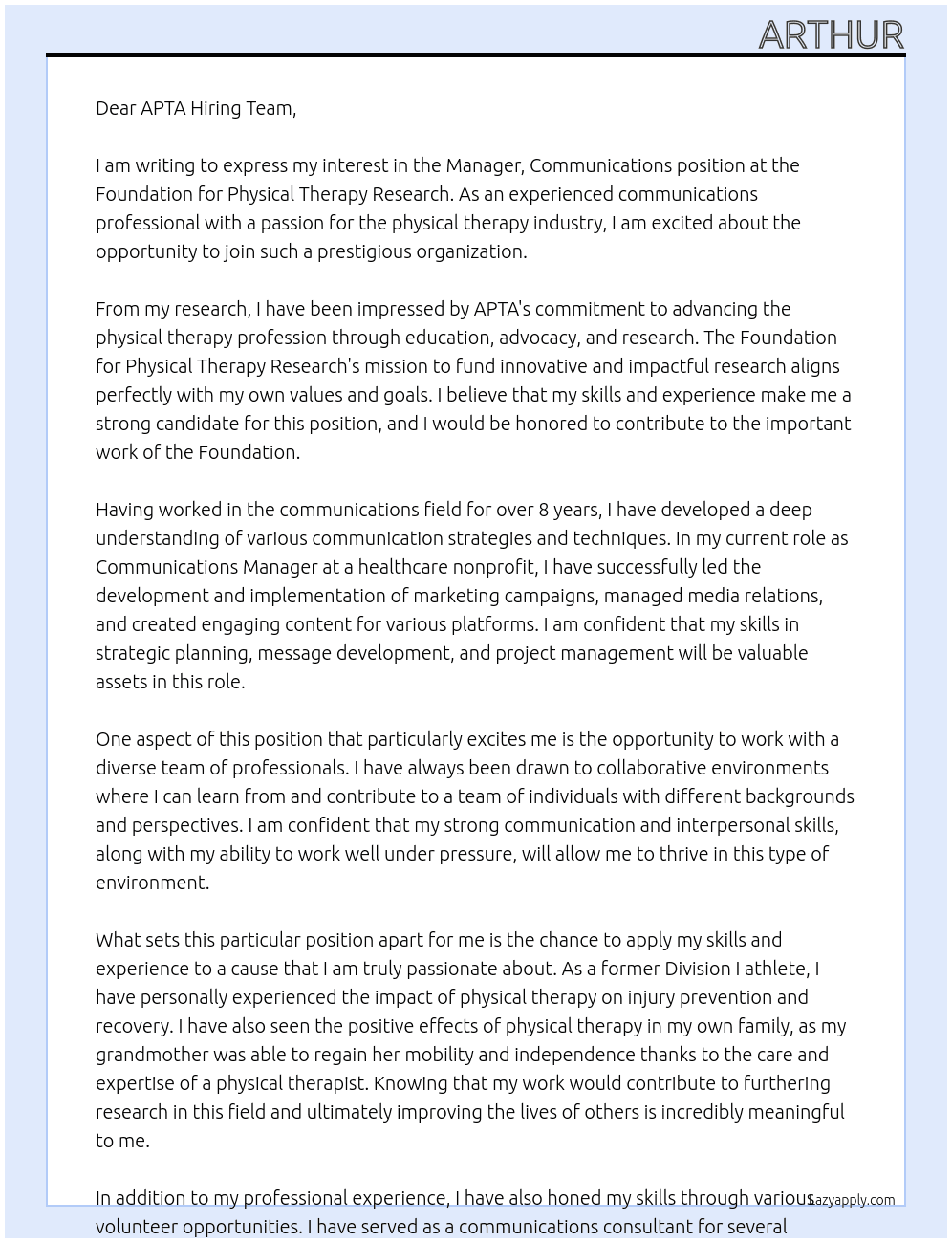 Manager, Communications - Foundation for Physical Therapy Research At APTA Cover Letter
