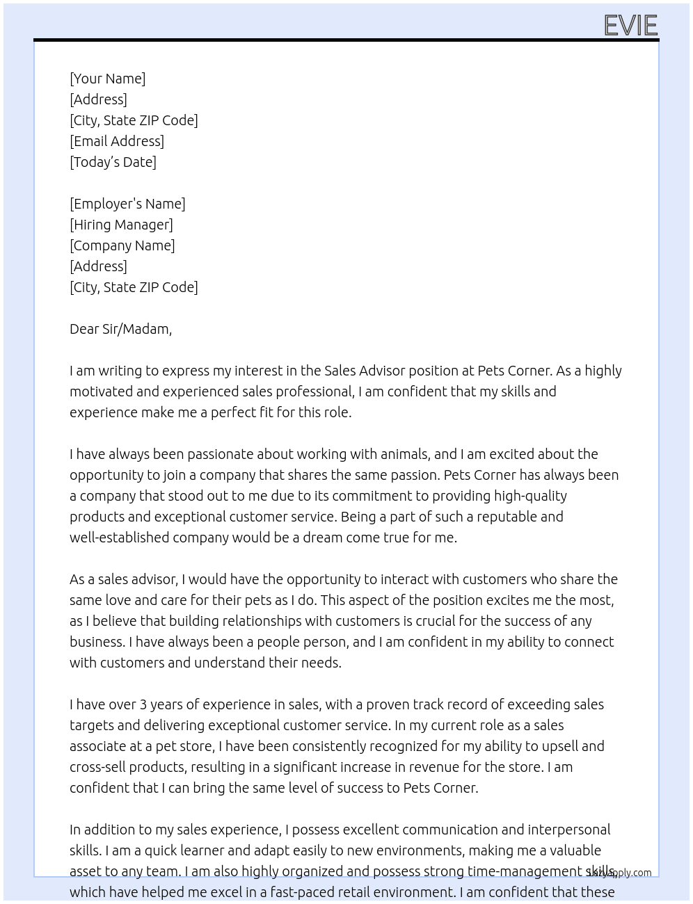 sales advisor  At pets corner Cover Letter