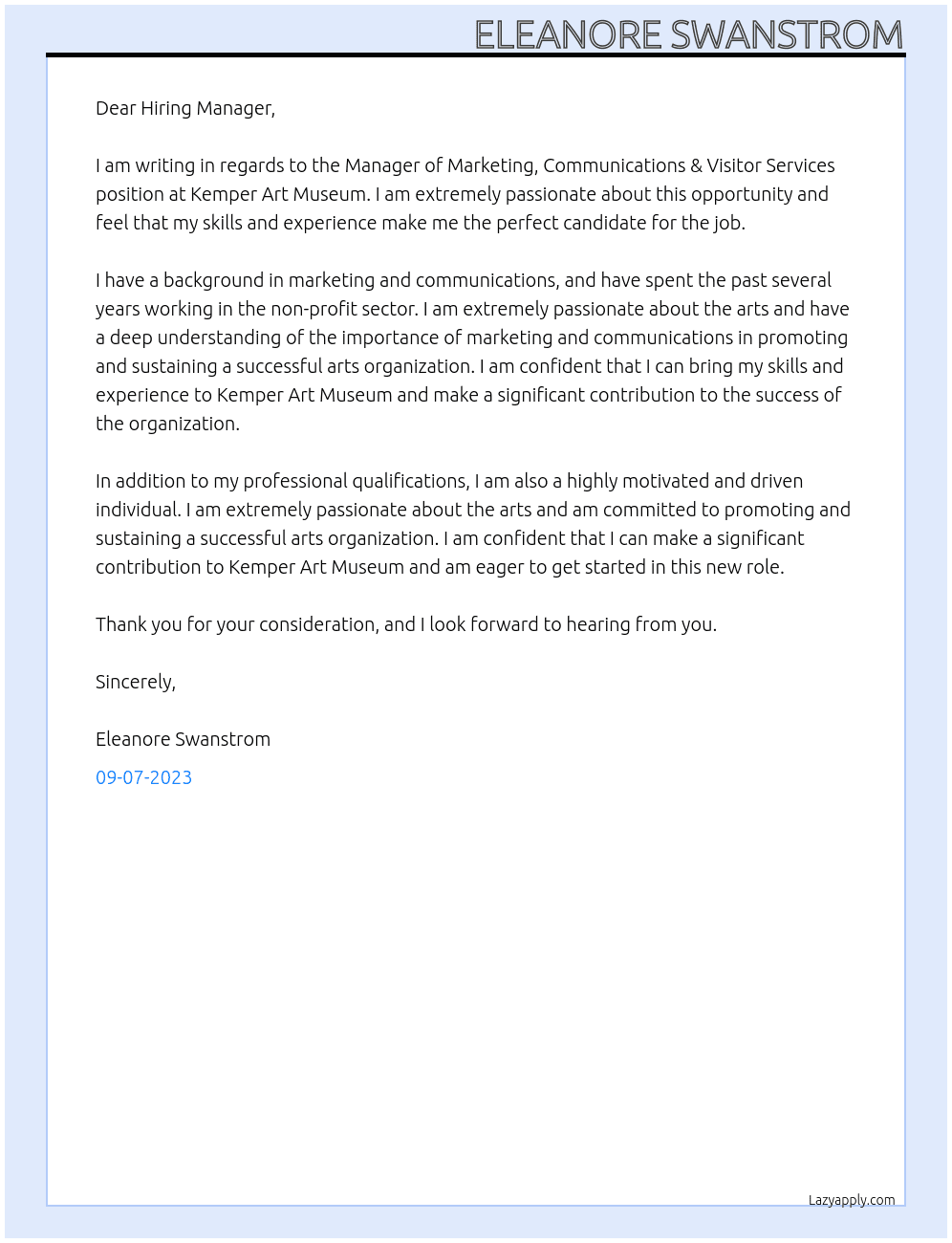 Manager of Marketing, Communications & Visitor Services - Kemper Art Museum At Kemper Art Musuem Cover Letter