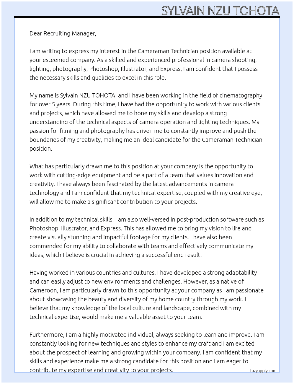 Cameraman Technician  At To Who It May Concern Cover Letter