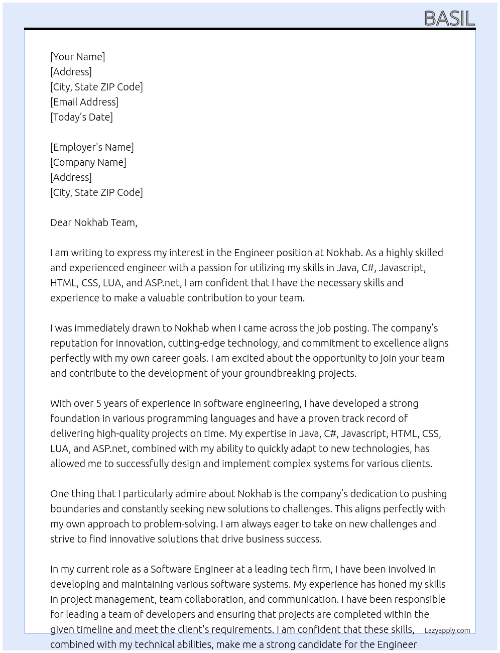 Engineer At Nokhab Cover Letter