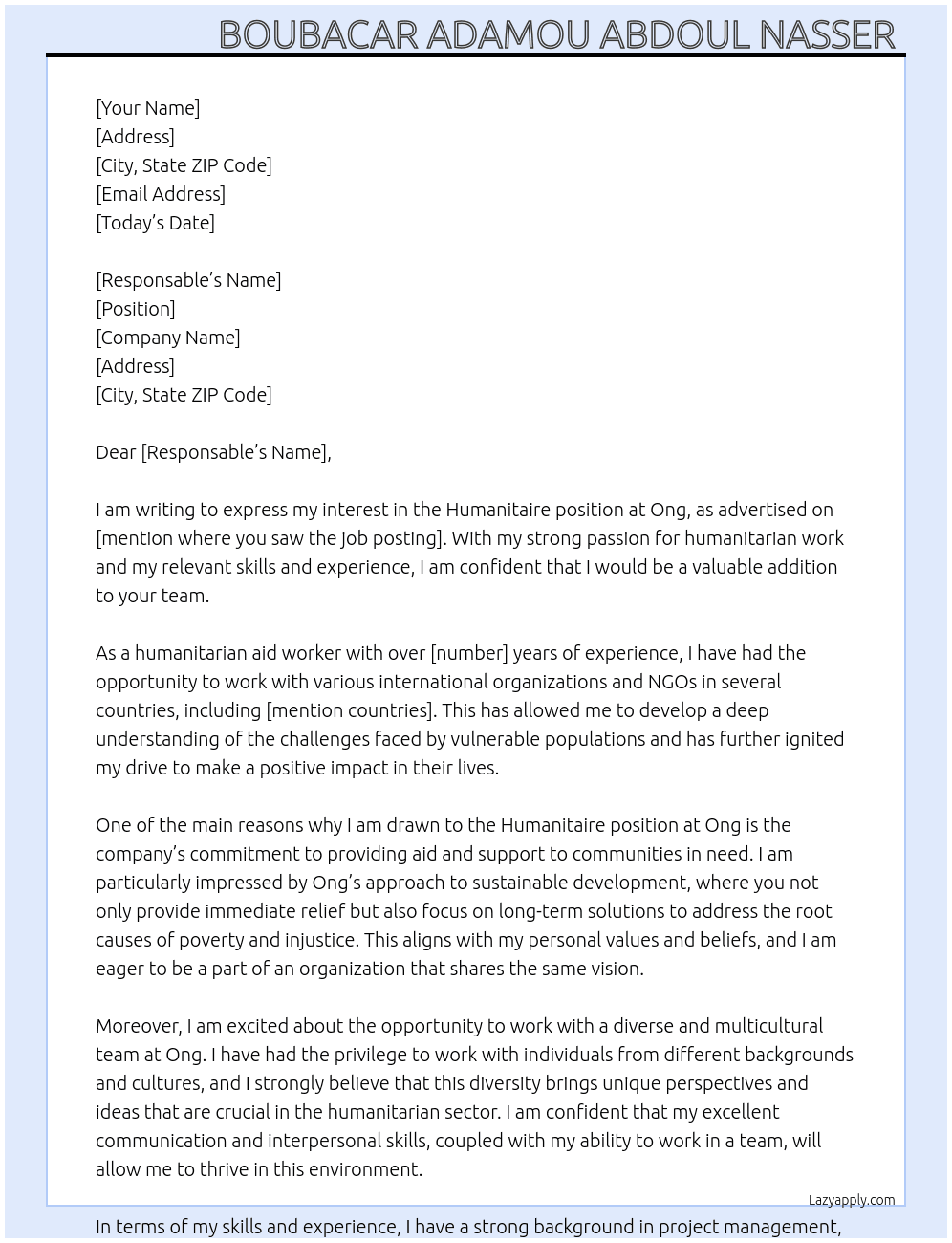 Humanitaire At Ong Cover Letter