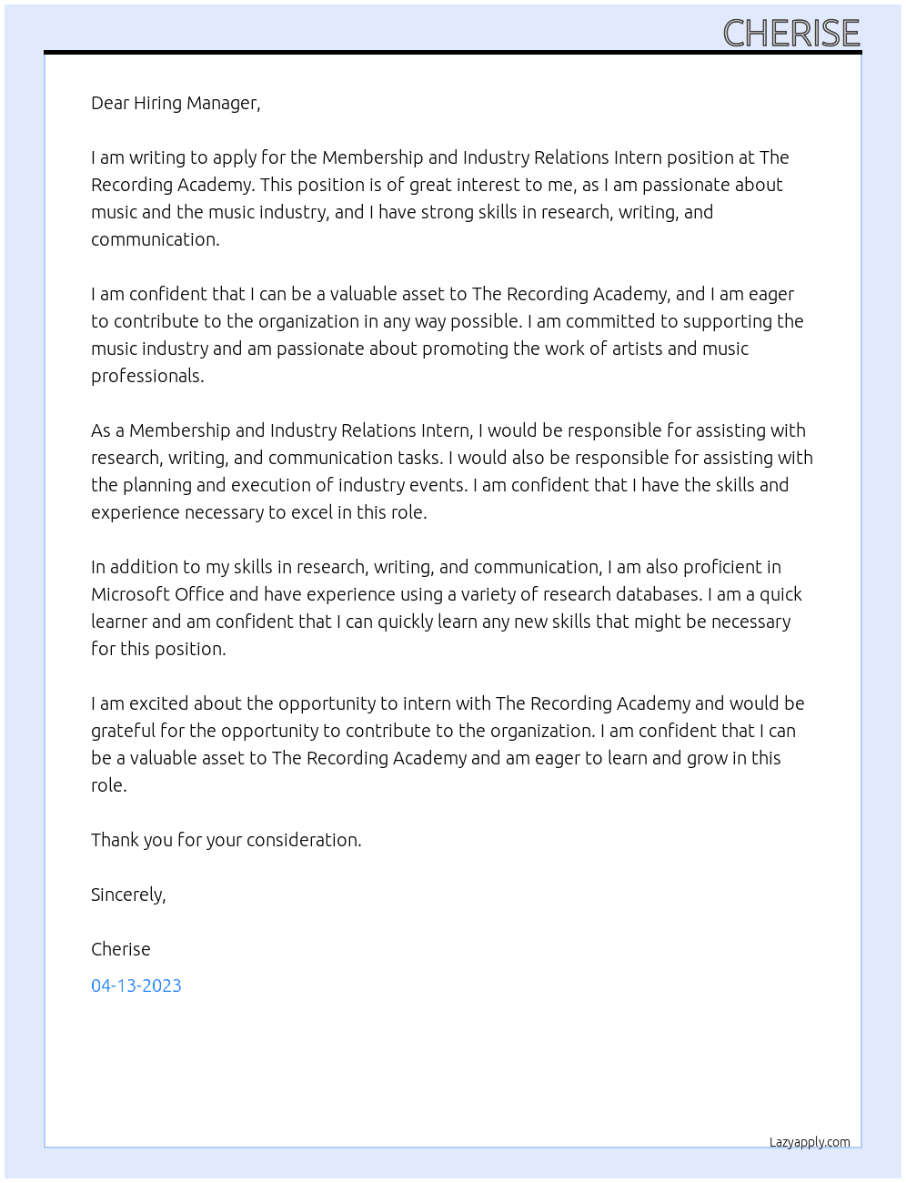 Membership and Industry Relations Intern At The Recording Academy Cover Letter