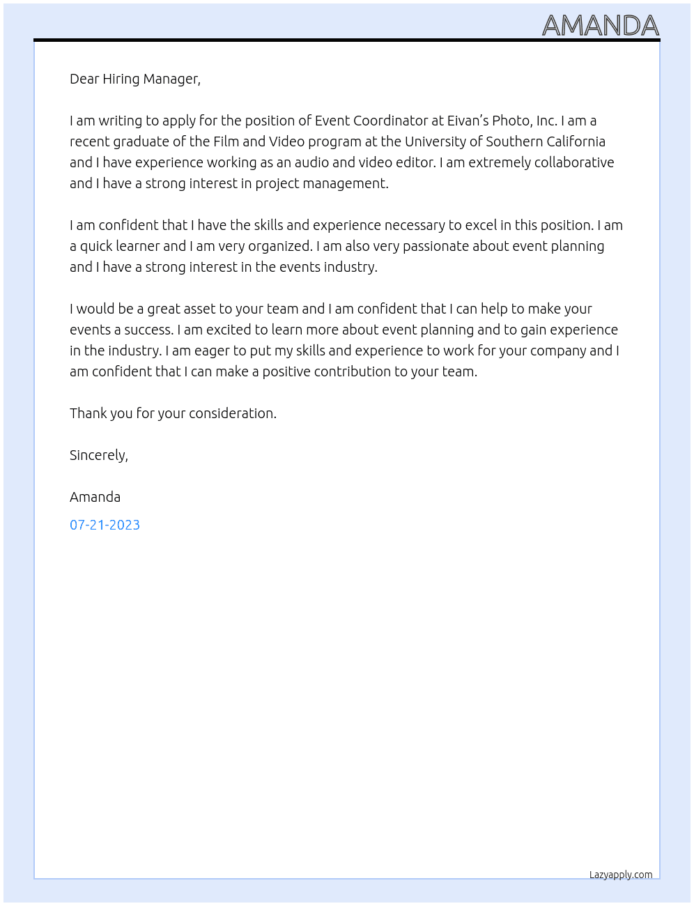 Event Coordinator At Eivan’s Photo, Inc. Cover Letter