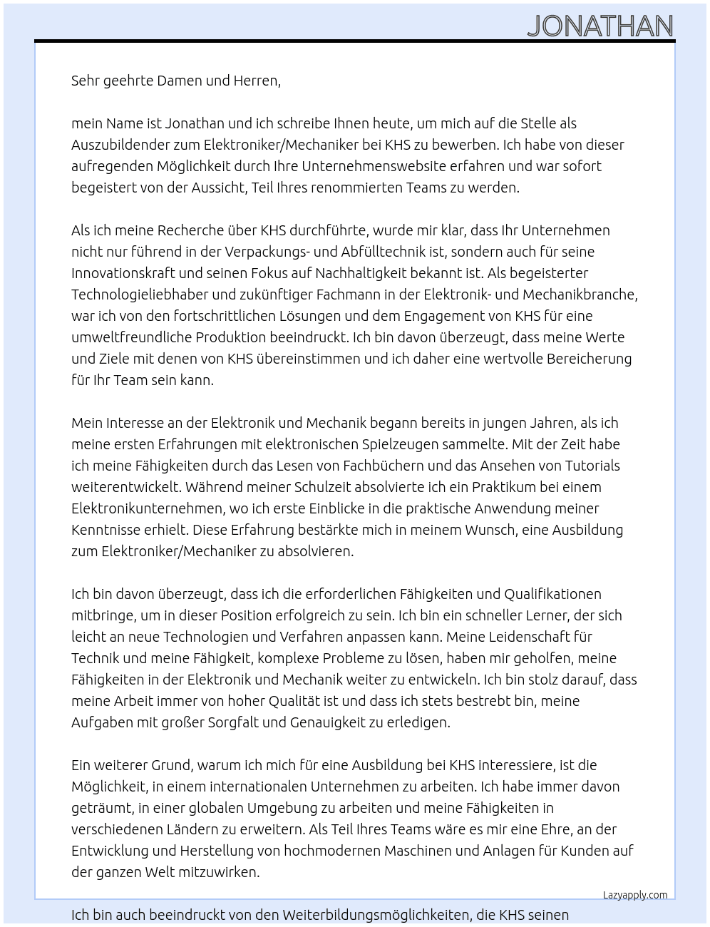 Bewerbung um einen Ausbildungsplatz als Elektroniker/Mechaniker At KHS Cover Letter