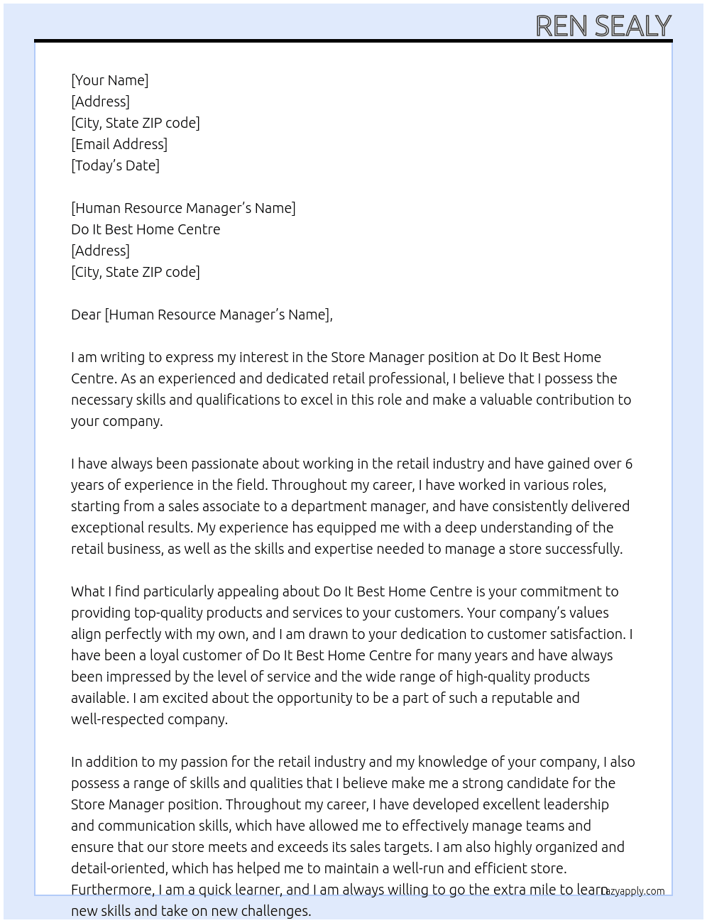 Store Manager At Do It Best Home Centre Cover Letter