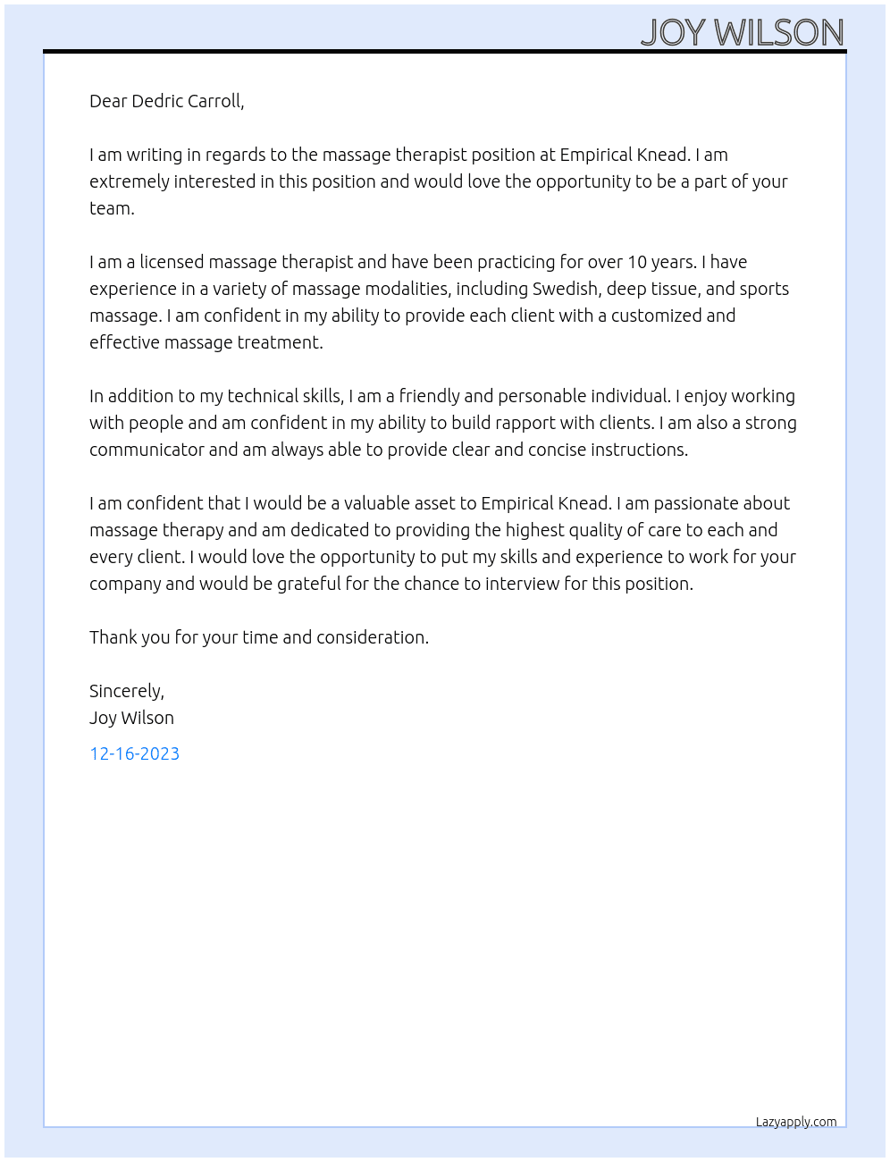 Massage therapist At Empirical Knead Cover Letter