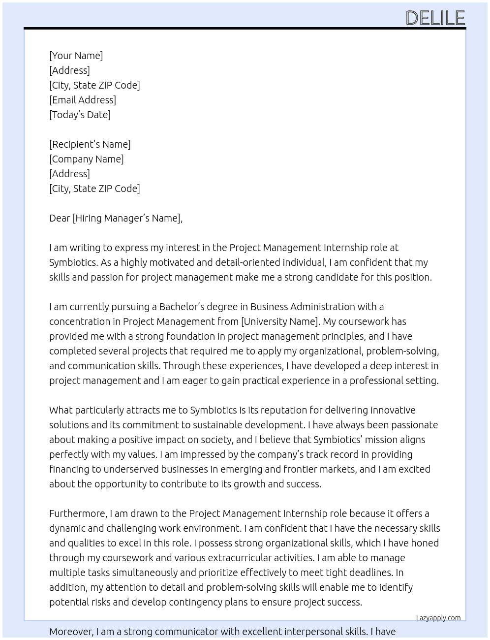 Project management  At Symbiotics Cover Letter