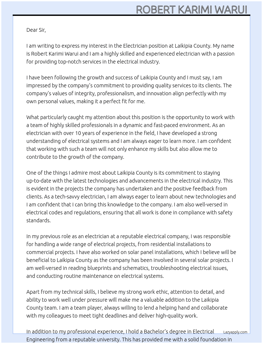 Electrician  At Laikipia county  Cover Letter